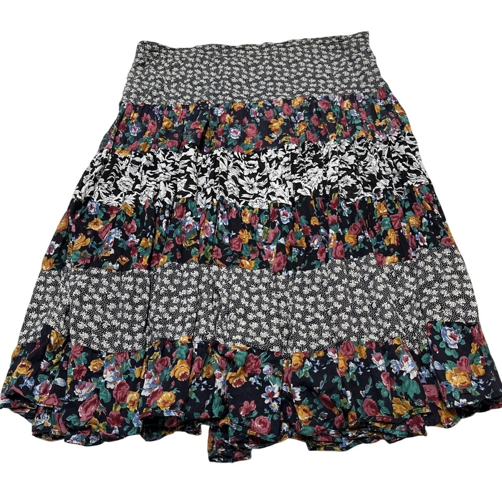 Patchwork Skirt Womens OS Mixed Floral Boho Broomstick Festival Gypsy Crinkle